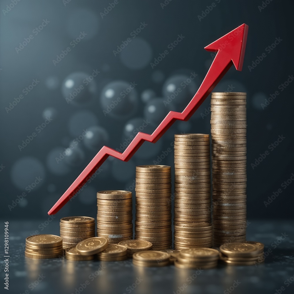 Financial Growth: Ascending Coins and Red Arrow Charting Profitable Investments and Economic Success Financial Growth: Ascending Coins and Red Arrow Charting Profitable Investments and Economic Success