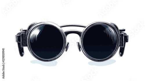 Close-up studio shot of a pair of round black sunglasses with a metal frame against a white background. The sunglasses have dark lenses, showing a slight reflection. The image is well-lit, with a