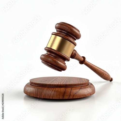 Judge gavel and soundboard isolated on white background in perspective. Wooden gavel and golden plate represent justice court ruling, symbol of law, order, hammer of judge.