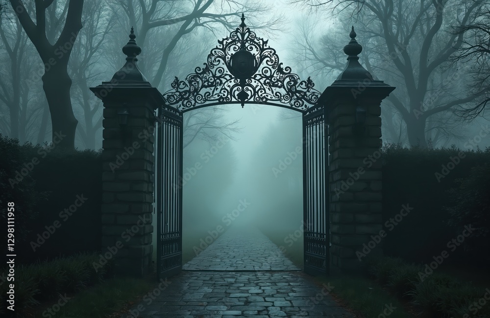 Obraz premium Eerie wrought-iron gate park entrance in dense fog. Dark creepy misty scenery with path vanishing distance. Gateway to another dimension, spooky vacation destination, gothic horror film backdrop.