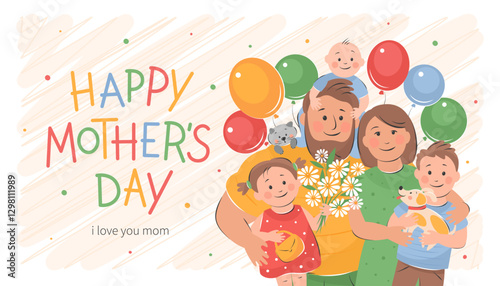 Happy Mother's Day card. Family with children, with flowers and balloons congratulate mom. Vector cute illustration with holiday wishes for postcards, posters, banner.