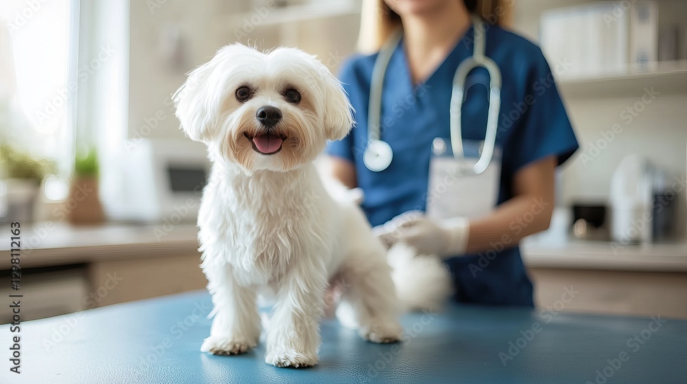 Maltese dog on a veterinary table in front of a veterinarian Maltese dog on a veterinary table in front of a veterinarian