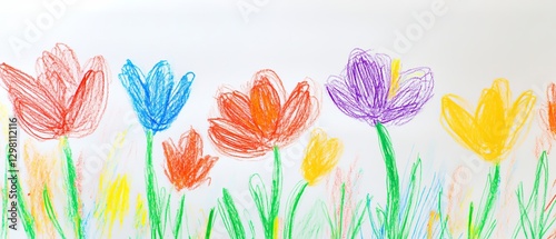 flower crayon kid pastel spring background painting hand chalk grass pencil art childish vector pattern plant cute wax border doodle color garden sketch draw nature illustration drawn frame green