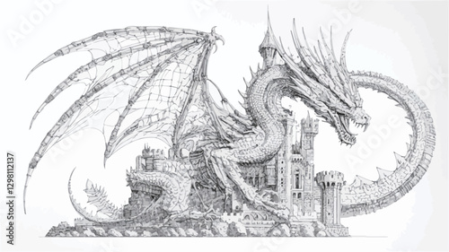 A detailed pencil sketch or drawing depicting a majestic dragon coiled around a castle. The artwork is rendered in monochrome, showcasing intricate details in the dragon's scales, wings, and the