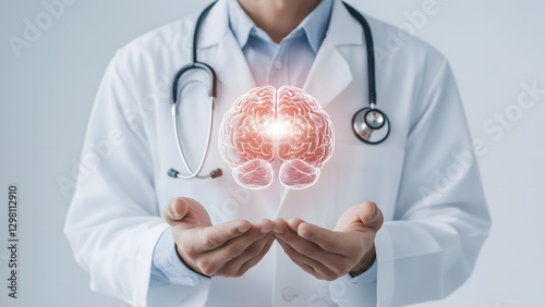 Neurologist Doctor Holding a Digital Hologram of a Brain. Nervous System and Medical Expertise Concept
