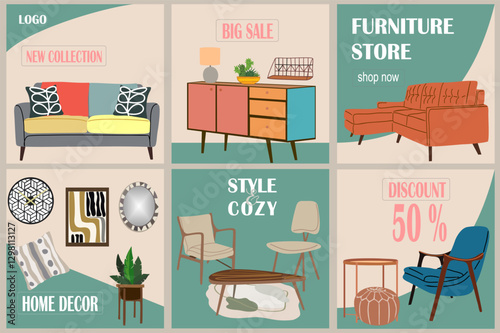 Social media post collection template for furniture store. Interior decor sale web banners set. Home furnishing accessories discount offers, Special price, ads, advertisement vector illustrations.