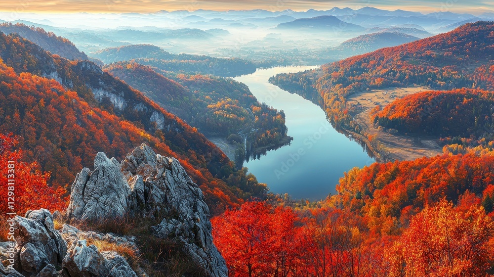 Obraz premium Autumnal River Landscape: Majestic Mountains and Vibrant Foliage