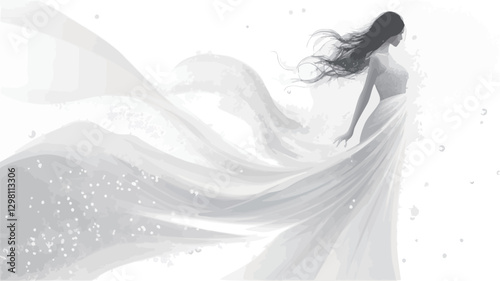 A grayscale image depicting a woman in a long, flowing gown. The fabric of the dress billows dramatically, creating a sense of movement and fluidity. The woman's figure is partially obscured by the