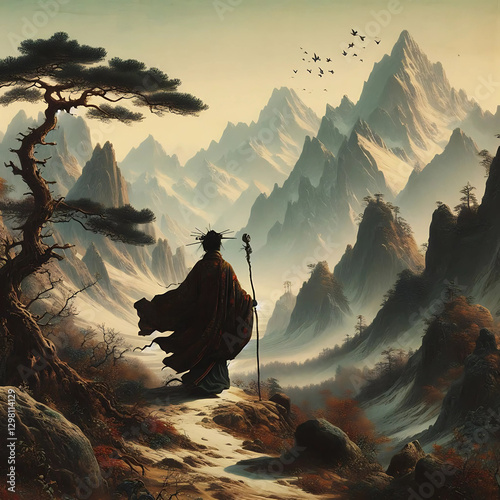 The oil painting image of the lady with hood walking lonely in the wilderness, surrounded by the mountain ranges, and the thunderstorm setting in the from a afar.