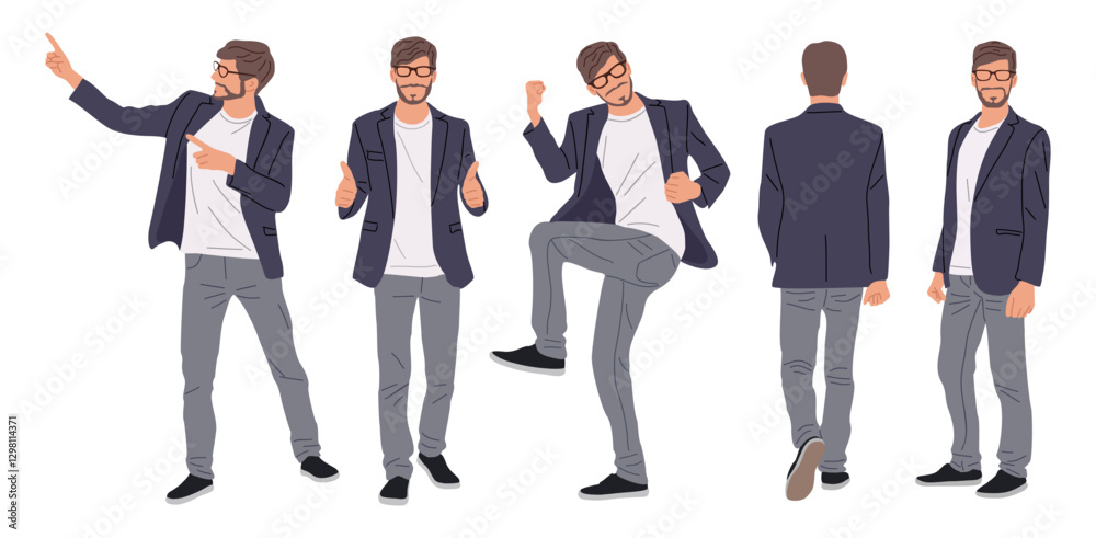 Set of Businessman character in different poses. Handsome man with beard wearing smart casual outfit standing, walking, front, back, side view. Vector realistic illustration isolated