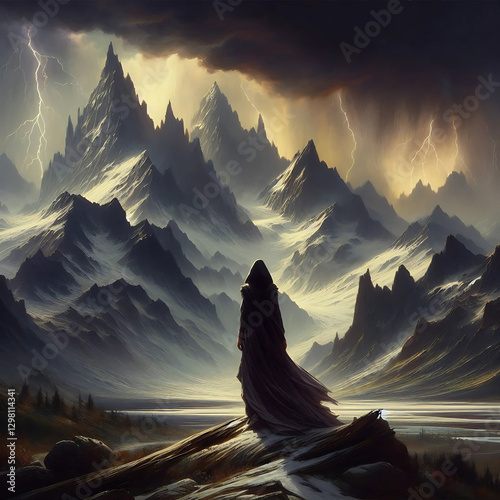 The oil painting image of the lady with hood walking lonely in the wilderness, surrounded by the mountain ranges, and the thunderstorm setting in the from a afar.