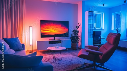 Relaxing evening in a cozy living room with colorful lighting and a large tv displaying scenic views