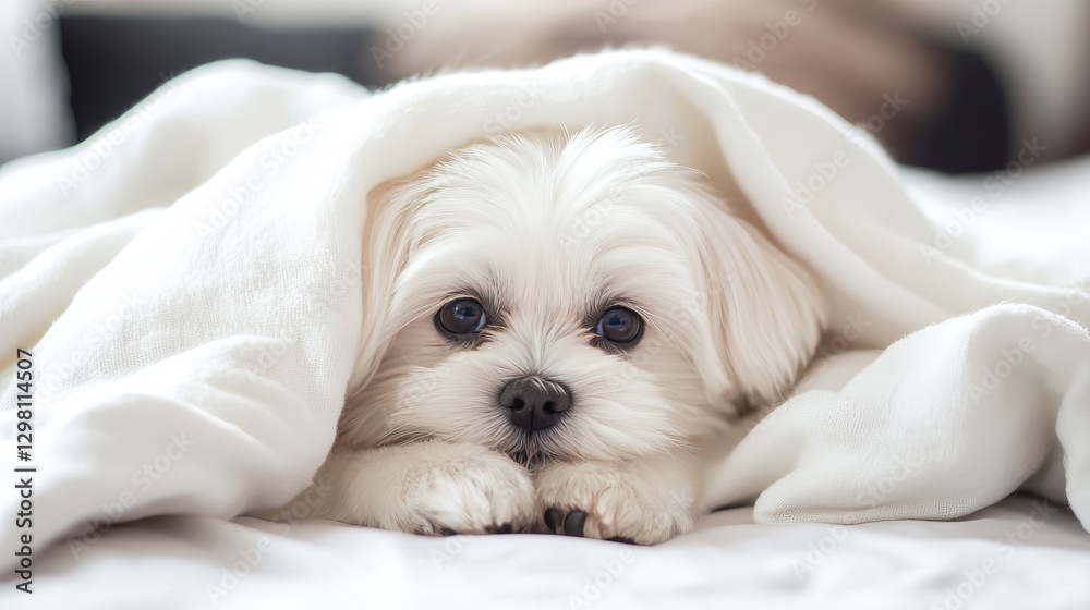 Unhappy Maltese puppy lying under a warm white blanket on a bed at home Empty space for text Unhappy Maltese puppy lying under a warm white blanket on a bed at home Empty space for text