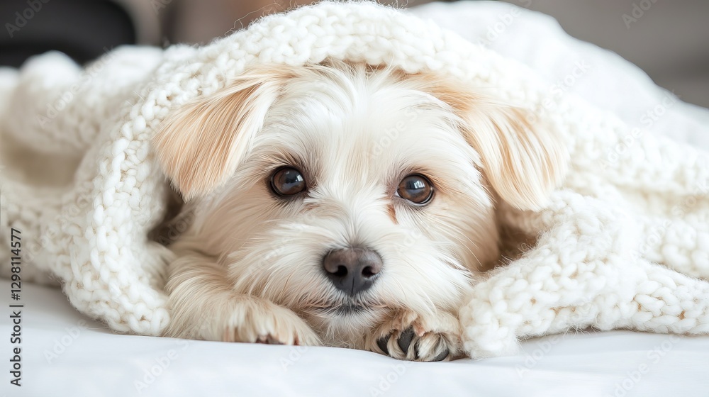 Unhappy Maltese puppy lying under a warm white blanket on a bed at home Empty space for text Unhappy Maltese puppy lying under a warm white blanket on a bed at home Empty space for text