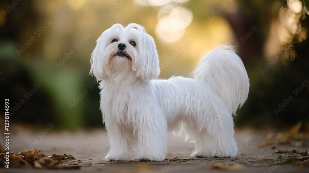 White champion Maltese dog standing in a show pose White champion Maltese dog standing in a show pose