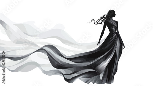 A monochrome illustration depicting a stylized female figure in a long, flowing gown. The figure is presented in silhouette, with the dress rendered in shades of gray and black, creating a sense of