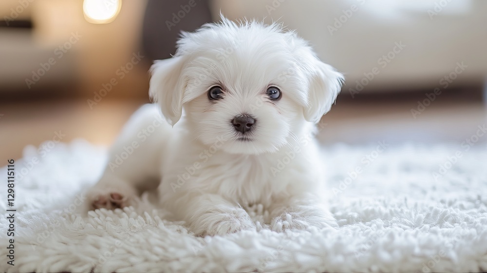 White Maltese puppy posing for a photo on a white rug White Maltese puppy posing for a photo on a white rug