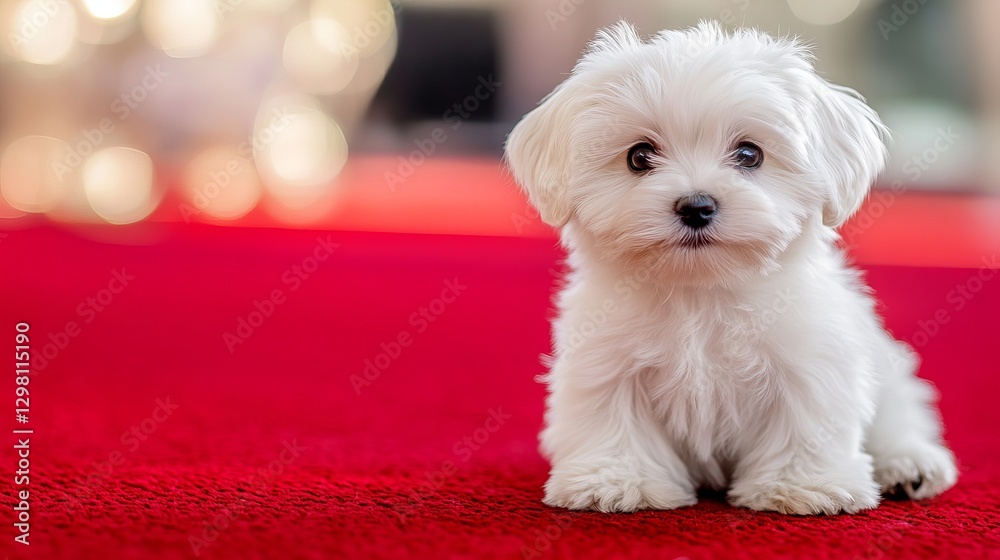 White Maltese puppy sitting on a red carpet White Maltese puppy sitting on a red carpet