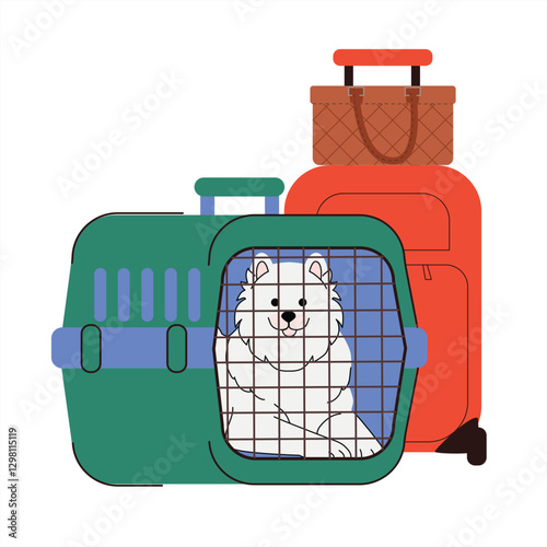 pet travel. Fluffy Samoyed dog inside a pet carrier with suitcases in the background. Minimalist and modern design, perfect for pet transport and travel. Vector illustration