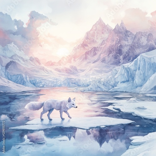 A watercolor depiction of an Arctic fox darting across the frozen landscape surrounding Vatnajökull Glacier photo