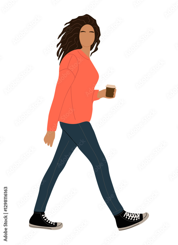 Girl walking side view. Modern woman wearing street fashion casual outfit, jeans and orange sweater with cup of coffee. Vector realistic illustration isolated on transparent background Girl walking side view. Modern woman wearing street fashion casual outfit, jeans and orange sweater with cup of coffee. Vector realistic illustration isolated on transparent background