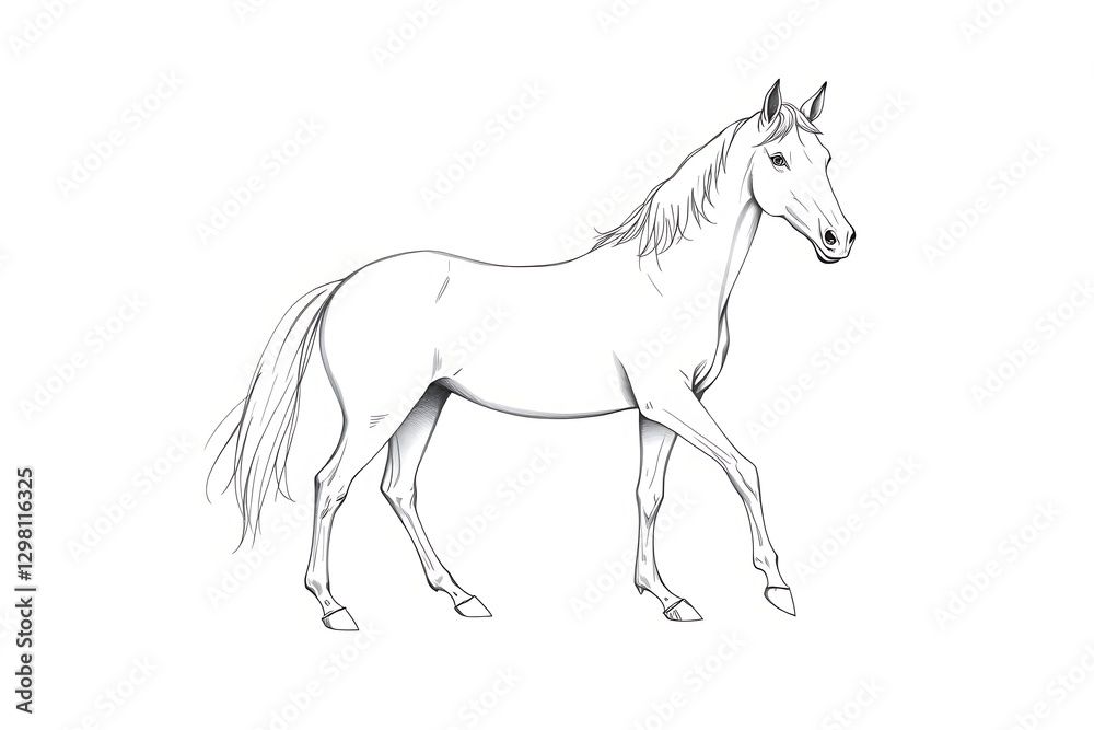 Obraz premium A clean sketch of a horse in a walking pose, highlighting its form and features.