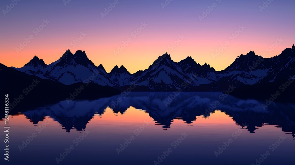 A pristine mountain lake mirroring the silhouette jagged peaks at twilight A pristine mountain lake mirroring the silhouette jagged peaks at twilight