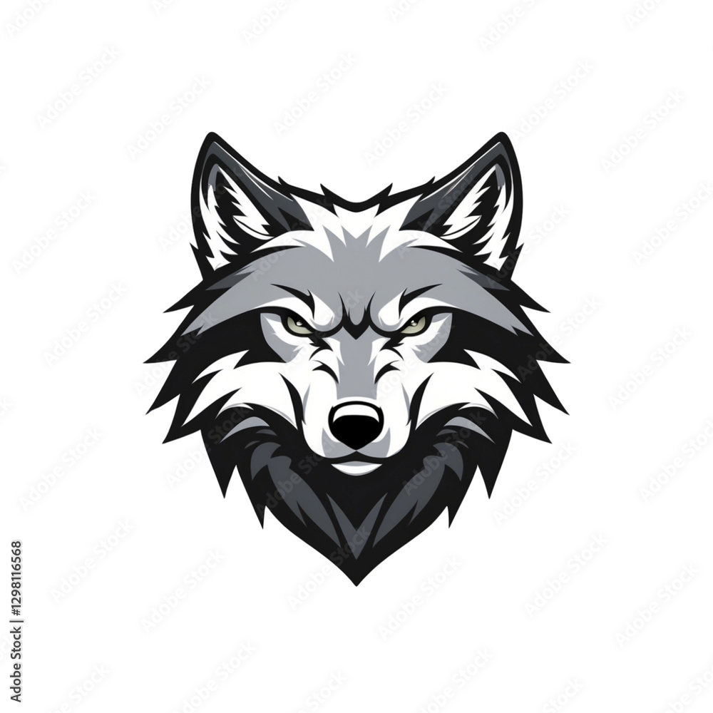 Naklejka premium Minimalist and modern wolf head logo, sharp and thick lines, symmetrical design, fierce and strong expression, isolated on a clean white background.