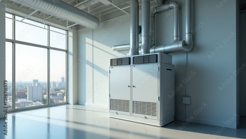 Doas. Air conditioner is in corner of room with large window