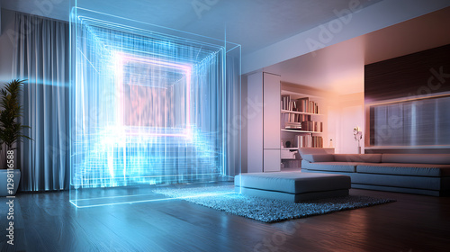 Futuristic hologram projection modern living room digital art contemporary environment interior perspective virtual reality