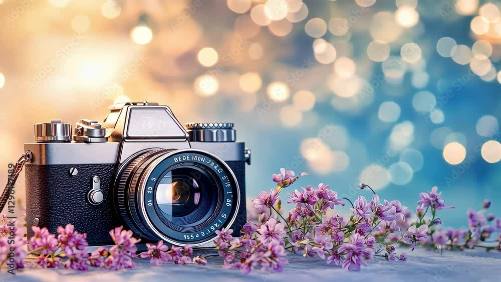 retro camera and flowers. Selective focus