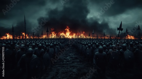 Medieval army facing burning battlefield at night  
 photo