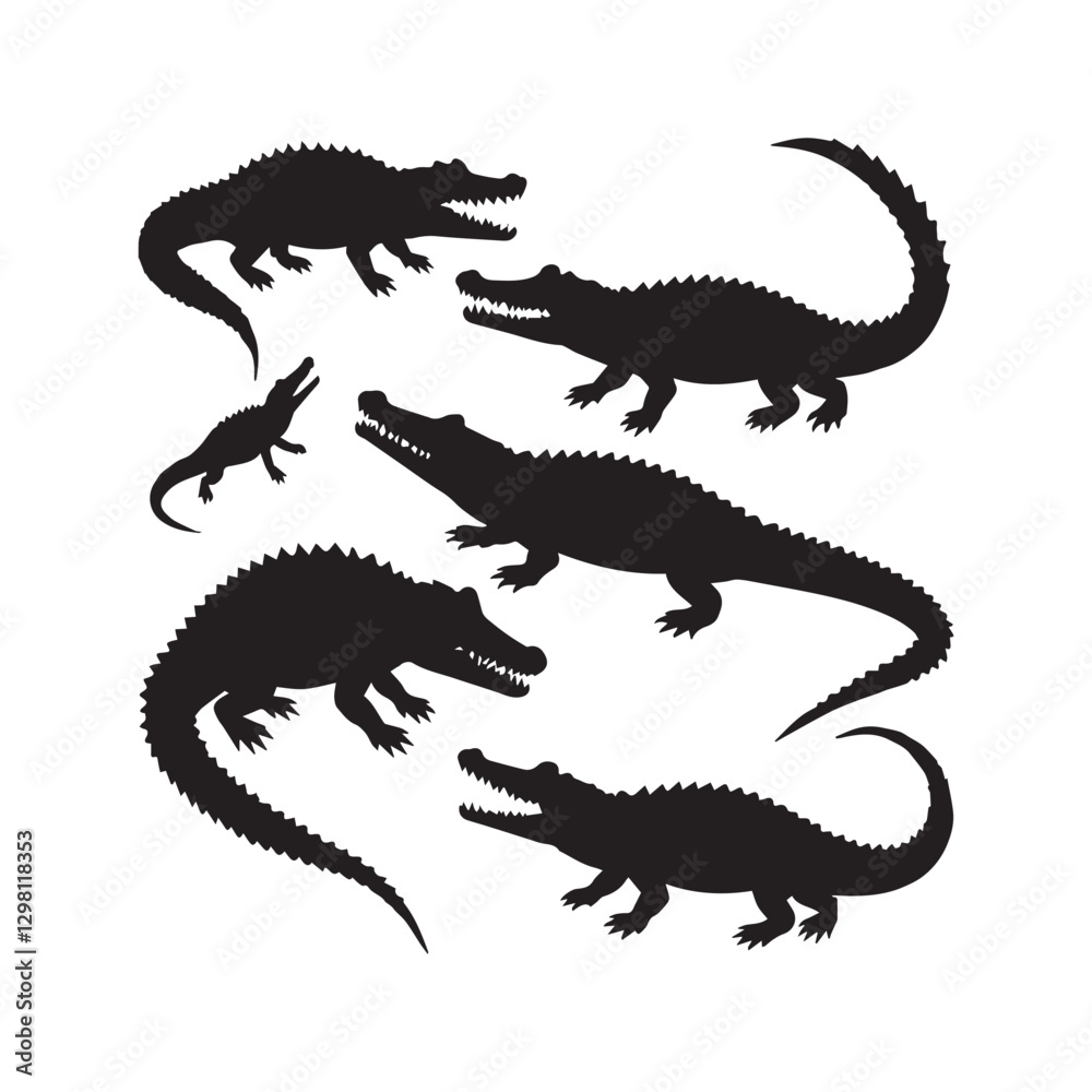 Fototapeta premium Set silhouettes of large crocodiles white background