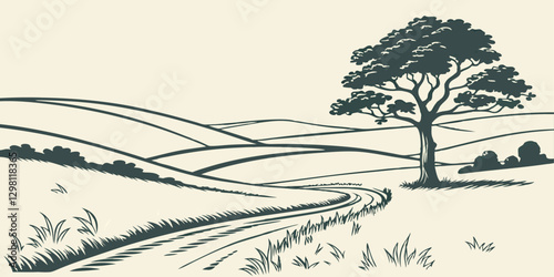 Flat minimalist illustration of a rural landscape featuring rolling hills, open fields, and a serene sky. Simple shapes and soft colors create a peaceful, modern countryside scene.