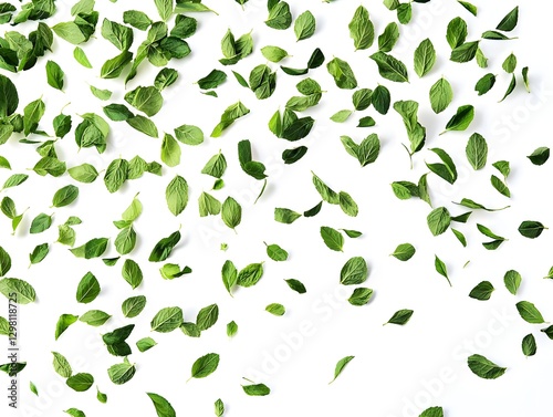 Fresh Green Mint Leaves Scattered on White Background