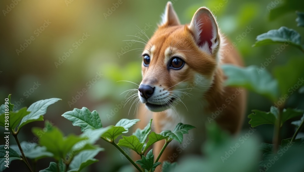 Naklejka premium Ecohealth Alliance. Red fox pup curious green forest wildlife nature a