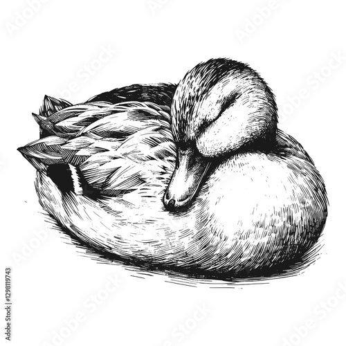 Duck sleeping line art drawing ink sketch vector hand drawn illustration background, tranquil twilight sleeping under the stars