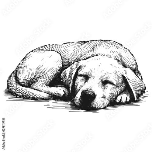 Dog sleeping line art drawing ink sketch vector hand drawn illustration background, gentle giant lost in sleep