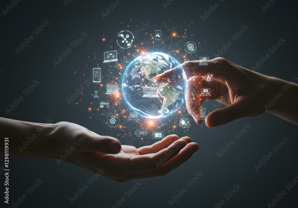 Tech devices and icons connected to digital planet earth on a hand Tech devices and icons connected to digital planet earth on a hand