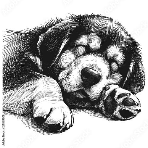 Dog sleeping line art drawing ink sketch vector hand drawn illustration background, restful moments  napping under the sun