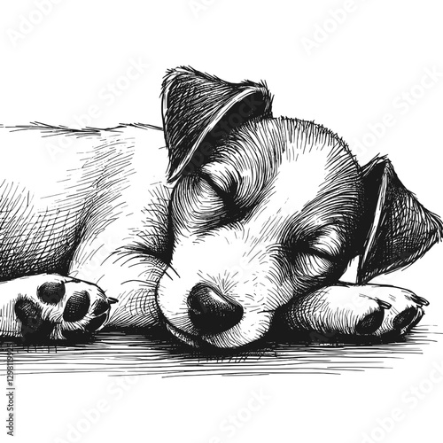 Dog sleeping line art drawing ink sketch vector hand drawn illustration background, tranquil twilight sleeping under the stars