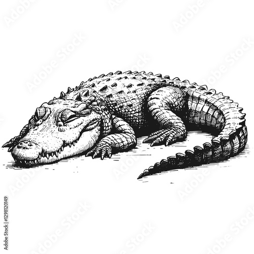 Crocodile sleeping line art drawing ink sketch vector hand drawn illustration background, dreaming in the meadow sleeping