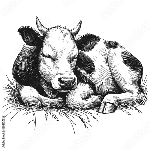 Cow sleeping line art drawing ink sketch vector hand drawn illustration background, tranquil twilight sleeping under the stars