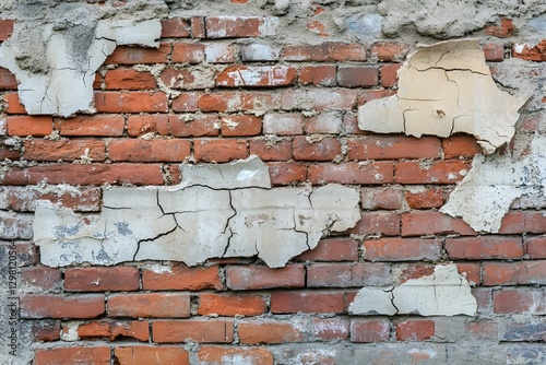 Dilapidated Brick Wall with Multiple Cracks and Peeling Plaster