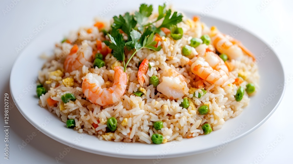 Shrimp fried rice with a light background on a white plate, Generative AI Shrimp fried rice with a light background on a white plate, Generative AI