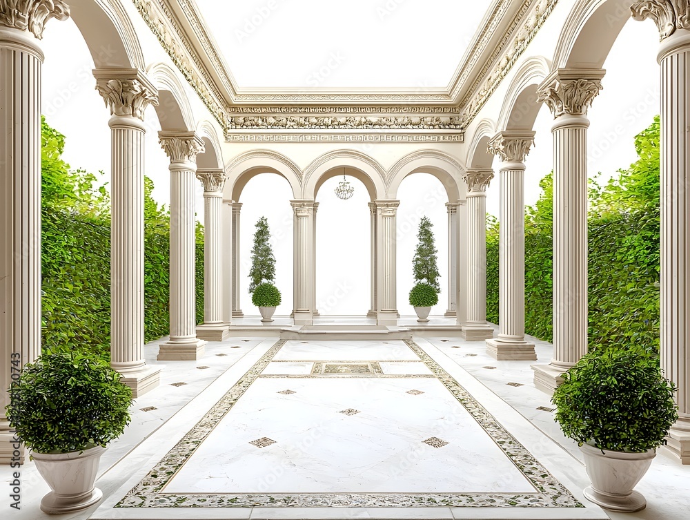 Fototapeta premium Elegant Greek style Marble Courtyard with Ornamental Columns and Open Air Design