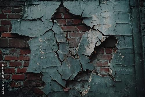 Cracked and Peeling Paint on Old Brick Wall Showing Decay