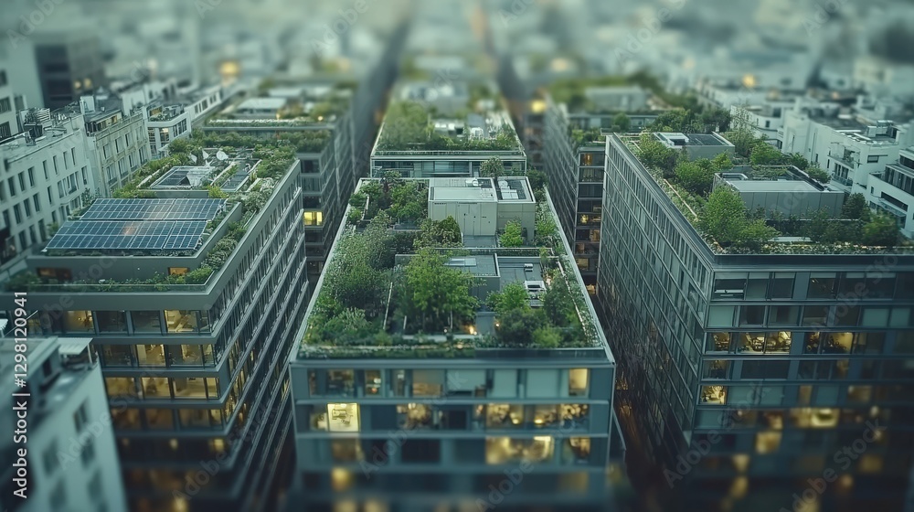 Fototapeta premium Sustainable urban living Aerial view of modern buildings with green roofs and solar panels, showcasing eco-friendly architecture and city design.