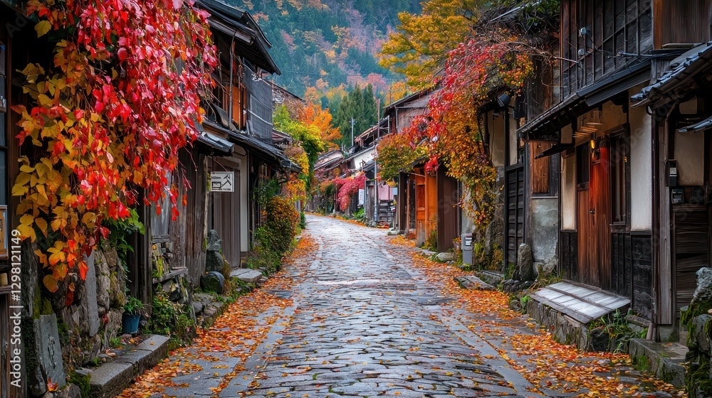 Fototapeta premium Autumnal Serenity in a Japanese Village: A Cobblestone Street Adorned with Vibrant Fall Foliage