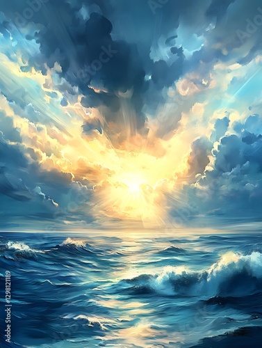 Dramatic Skyscape with Dark Clouds and Radiant Light Over Ocean